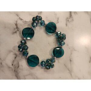 Vintage Beaded Teal Glass Stretch Bracelet With Round & Faceted Beads